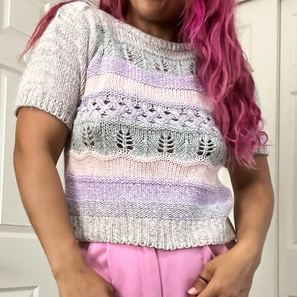Gray and Purple Crew Neck Sweater with Lace Knit